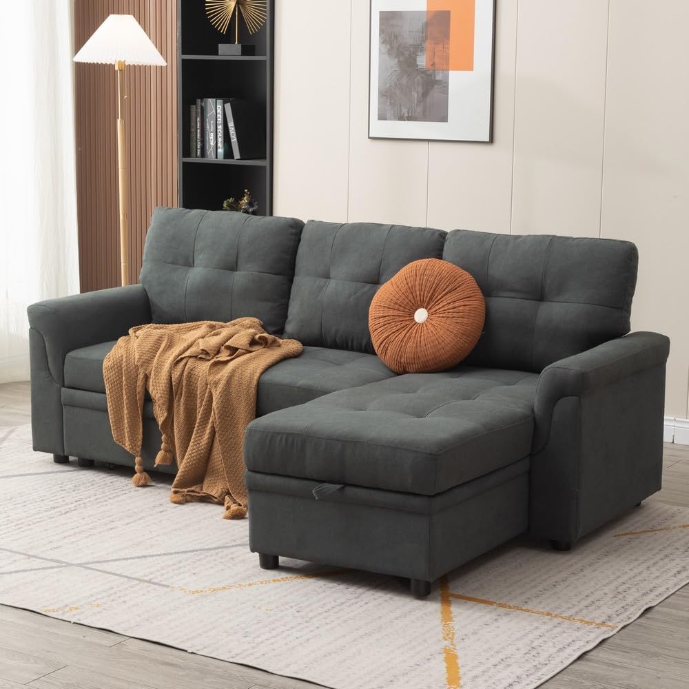 Panana 3 Seater Universal Sofa Bed Corner - Linen or Black Leather-Like Fabric Sofa Bed with Storage & Reversible Chaise (Grey Linen Fabric)