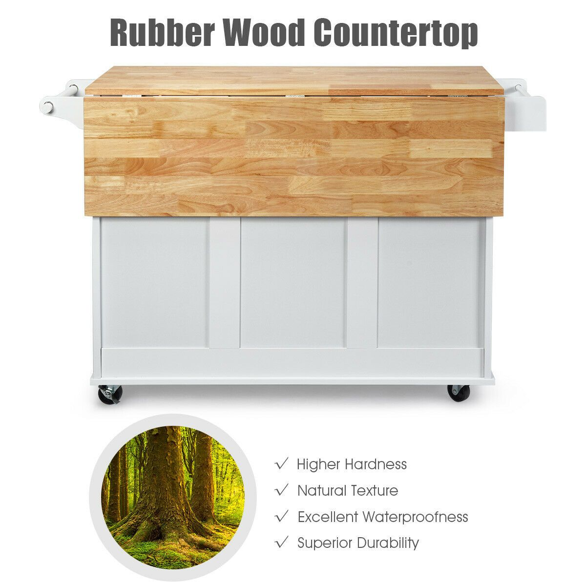 Kitchen Island Trolley with 3 Drawers and 2-door Cabinet