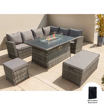 ROSEN 9 SEATER FIRE PIT RATTAN GARDEN FURNITURE CORNER DINING SOFA SET IN GREY