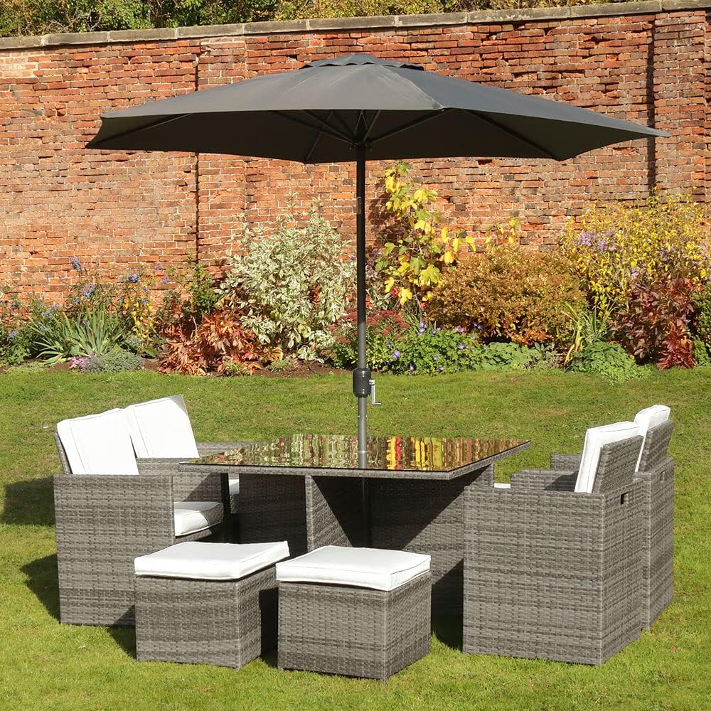 Harts Premium Rattan Dining Set, Cube 8 Seats Garden Patio Conservatory Furniture inc Rain Cover & Parasol (Grey Rattan)