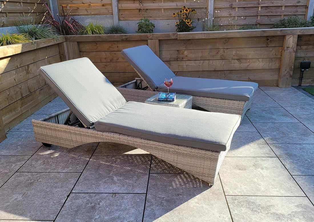 RATTAN SUN LOUNGERS WITH DRINKS TABLE - GREY - MEGHAN RANGE