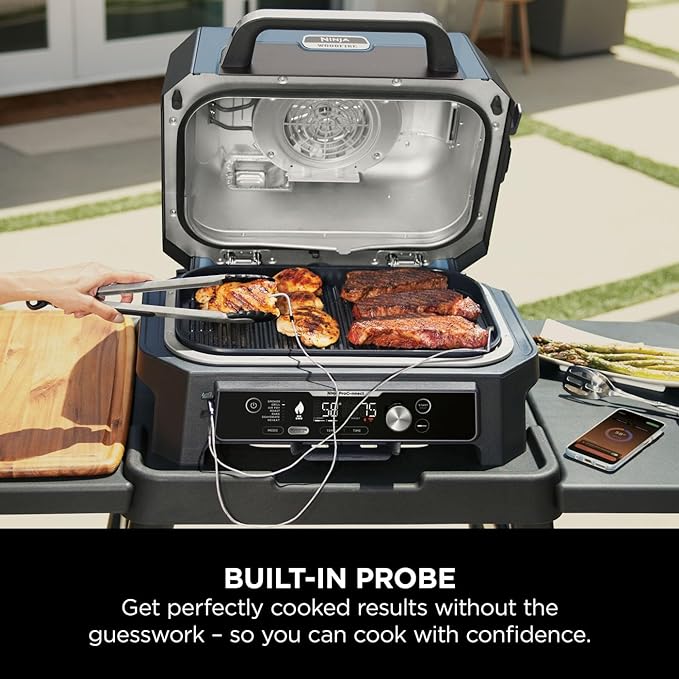 Ninja Woodfire Pro Connect XL Electric Grill and Smoker with App Control, Digital Probe, Large 7-in-1 Outdoor Grill and Air Fryer with Woodfire Pellet, Weather Resistant, Blue and Black OG901UK