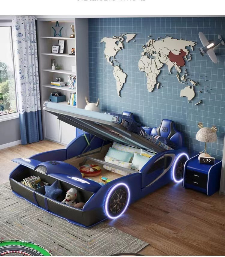 Creative Simple Car Children's Bed Little Boy Creative Solid Wood Frame High-Quality Leather Bed