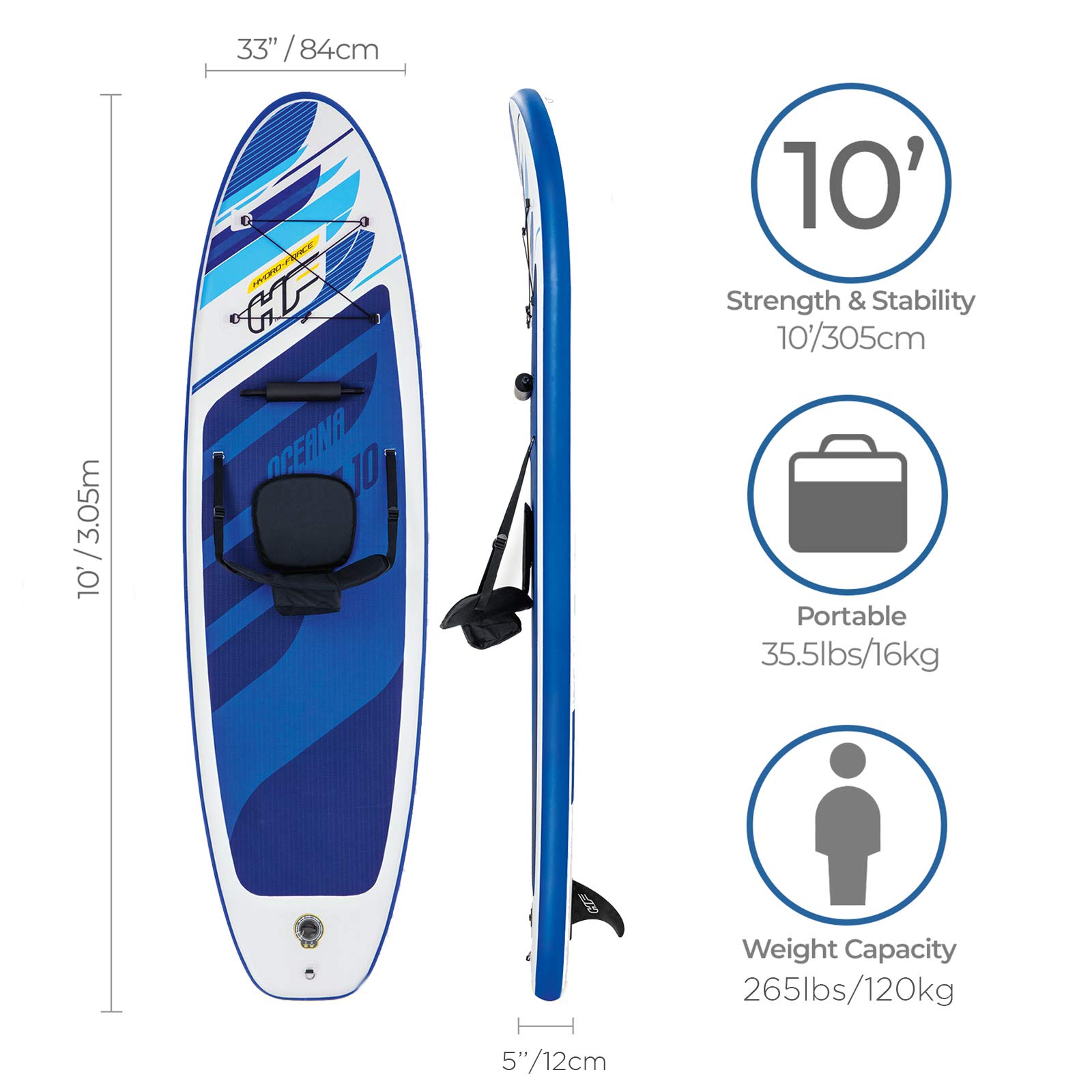 Hydro Force Oceana Inflatable Paddle Board, Kayak Conversion kit, SUP Board with Kayak Seatset with Carry Backpack, Pump, Paddle
