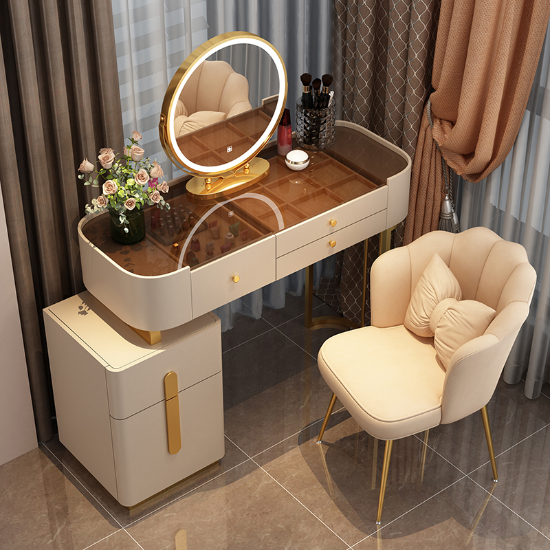【Furniture】【BS】Nordic Dressing Table with Mirror, Stool & 3 Light Effect LED Mirrors, Golden Iron Dresser