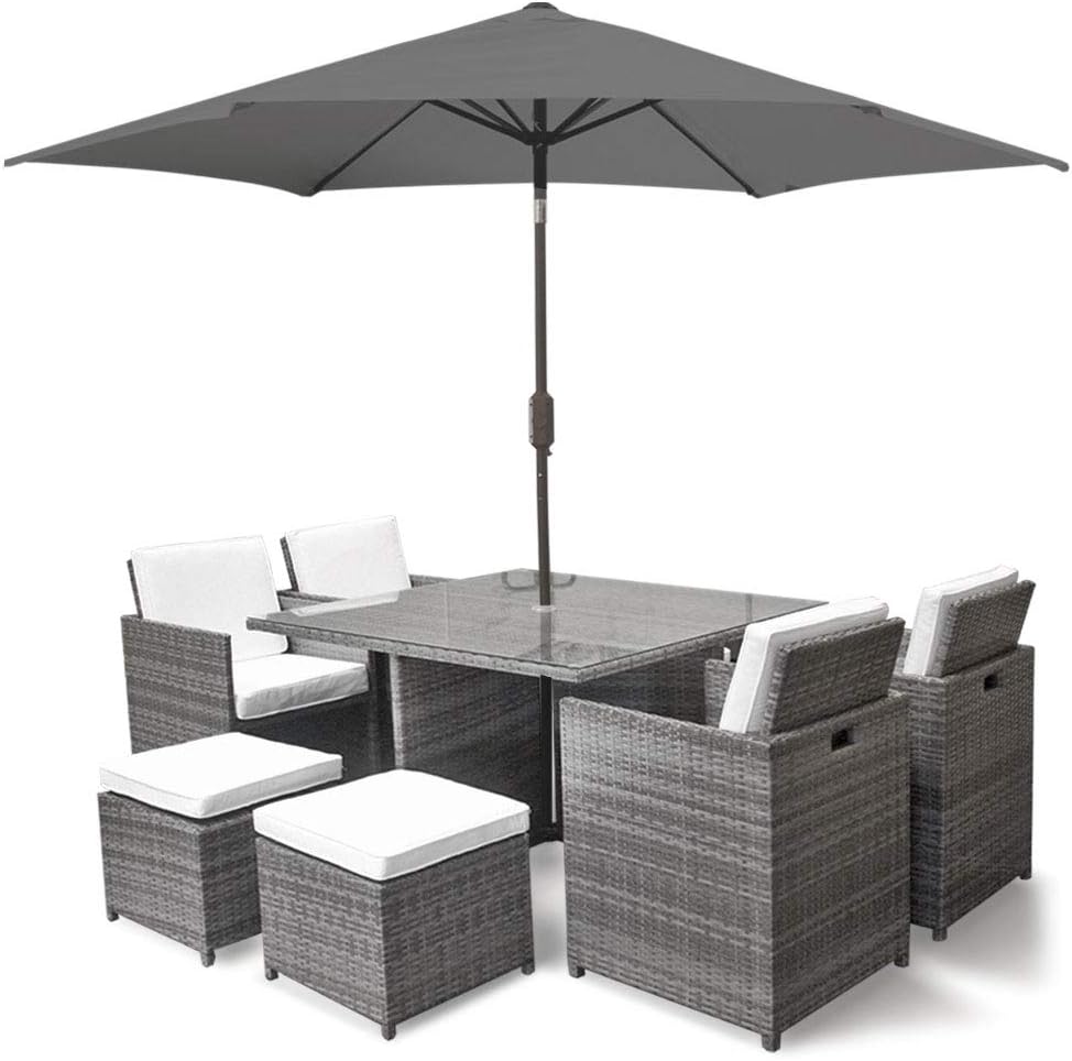 Harts Premium Rattan Dining Set, Cube 8 Seats Garden Patio Conservatory Furniture inc Rain Cover & Parasol (Grey Rattan)